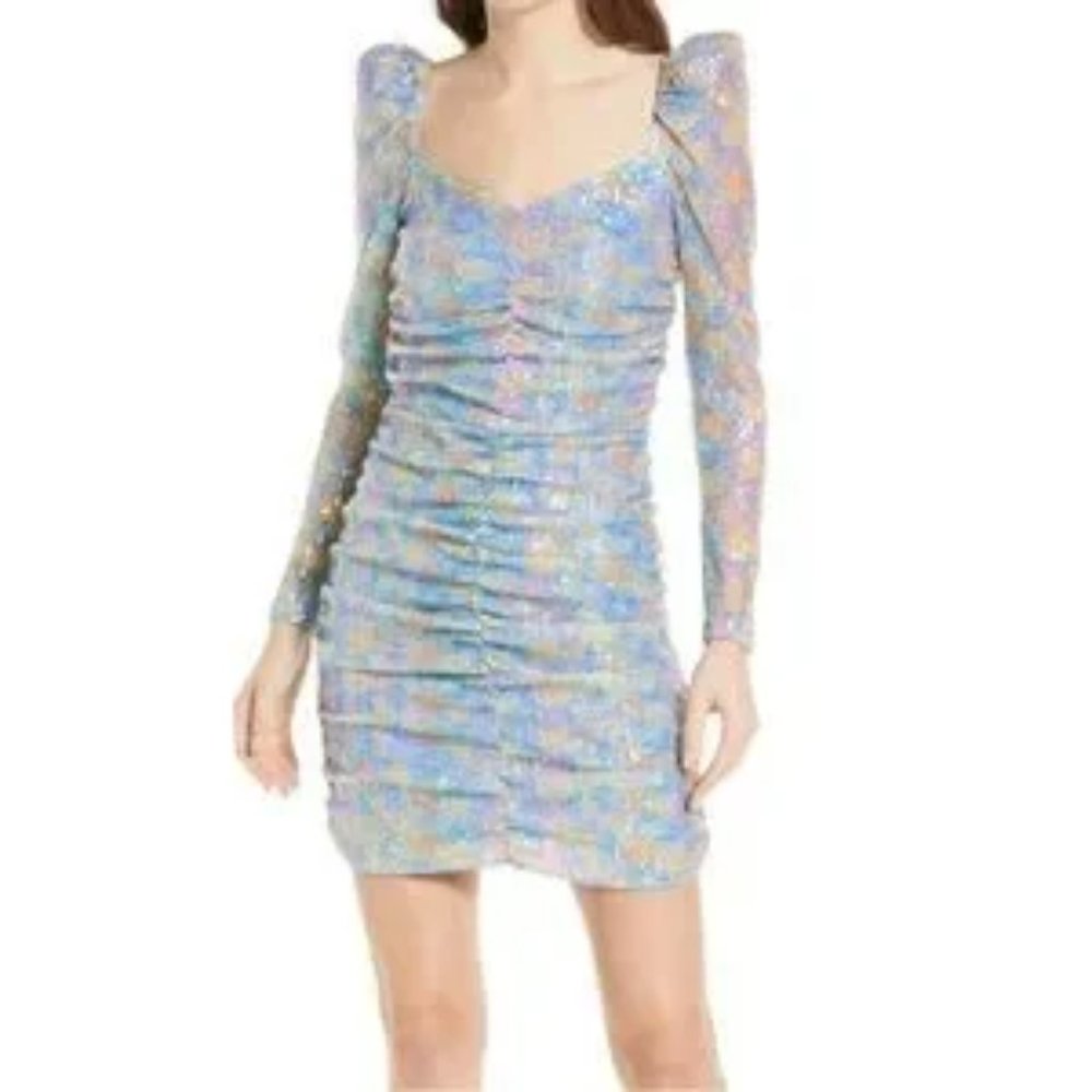 Saylor Lawren Floral Sequin Long Puff Sleeve dress in Blue multi Size L #247